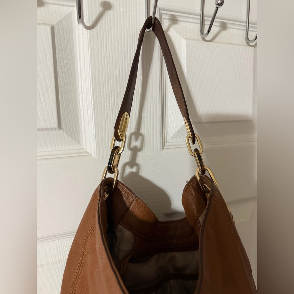 Michael Kors Cognac Leather Shoulder Bag with Gold MK Charm - Picture 4 of 10
